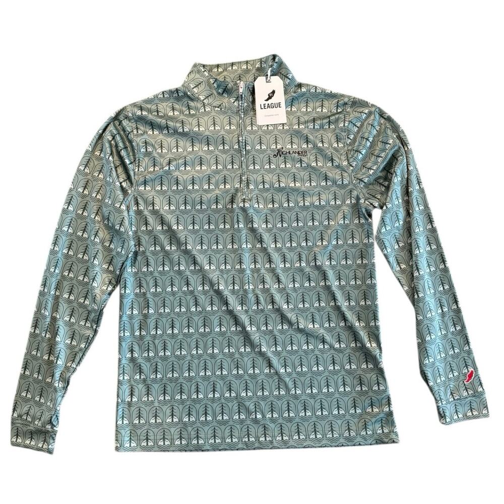 Highlander Beer x League 91 Eco Quarter Zip Pullover Green Tree Print Shirt M